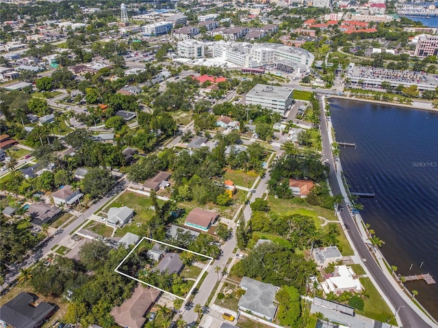 drone / aerial view with a water view