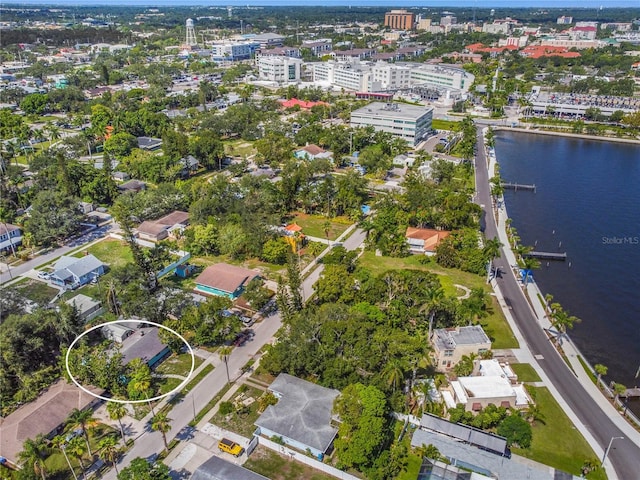 aerial view featuring a water view