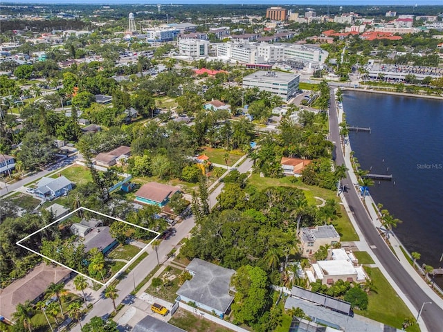 bird's eye view with a water view