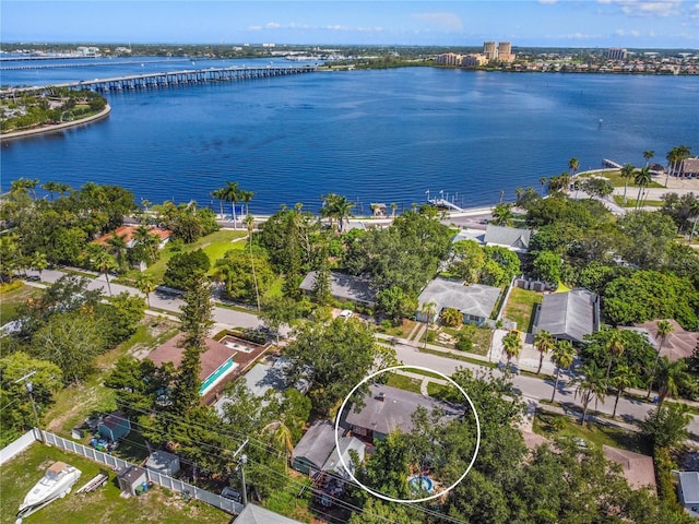 drone / aerial view featuring a water view