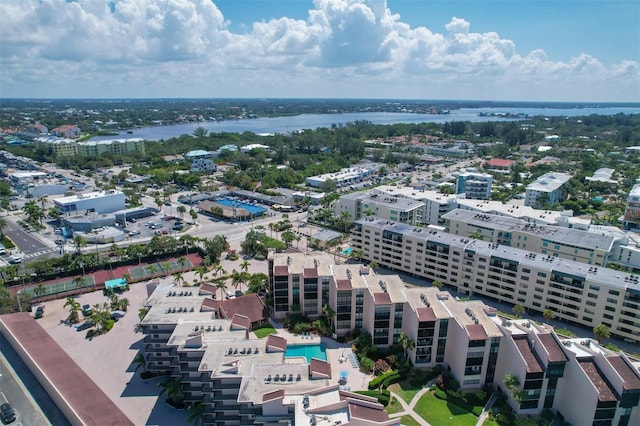 drone / aerial view with a water view