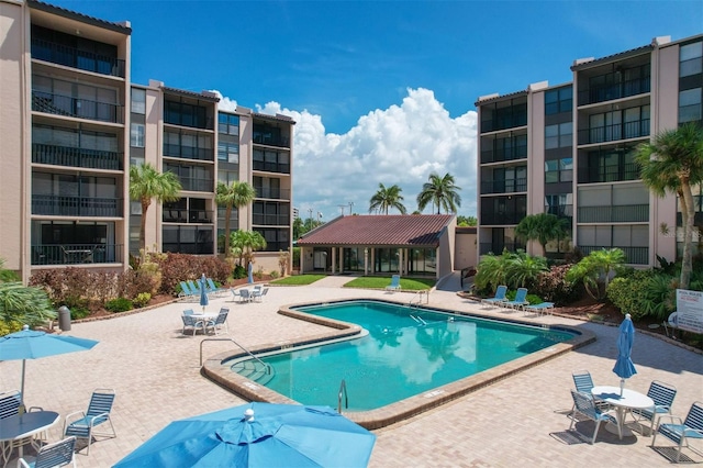 view of swimming pool with a patio area