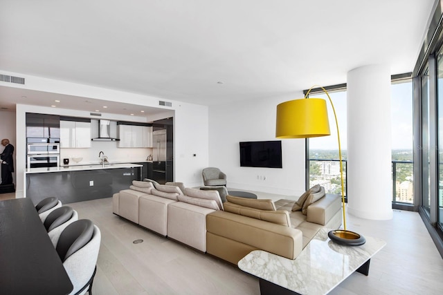 living room with expansive windows, light hardwood / wood-style flooring, and sink