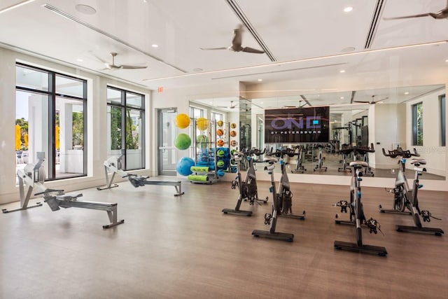 workout area with french doors and ceiling fan