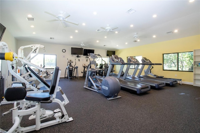 gym featuring ceiling fan and plenty of natural light