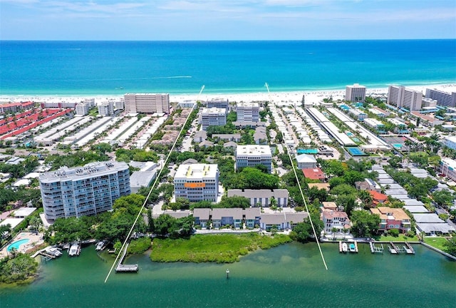 bird's eye view with a water view