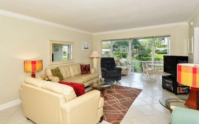 living room featuring plenty of natural light, ornamental molding, and light tile floors