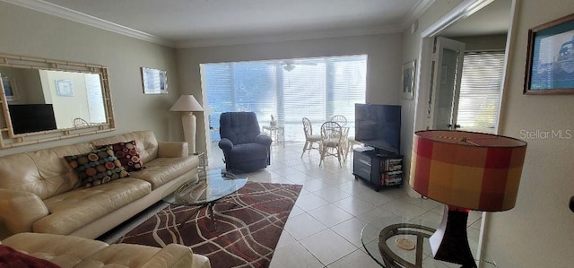 tiled living room featuring ornamental molding