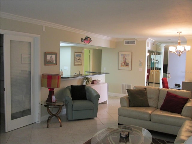 tiled living room with a chandelier and crown molding