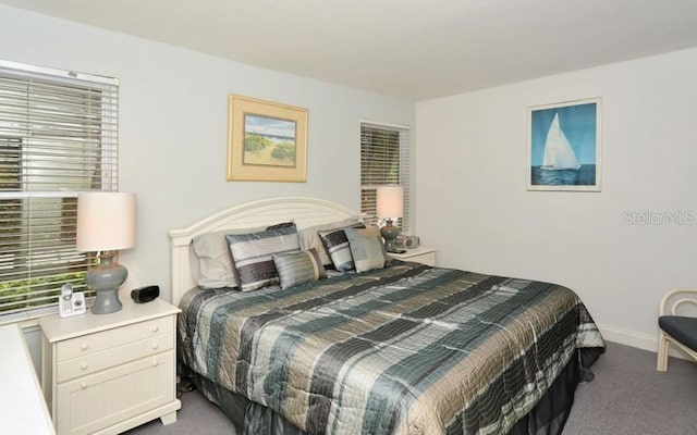 bedroom with dark colored carpet