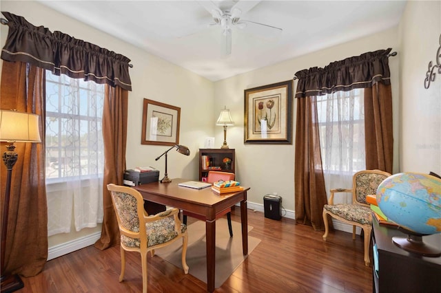 office with a healthy amount of sunlight, ceiling fan, and dark wood-type flooring