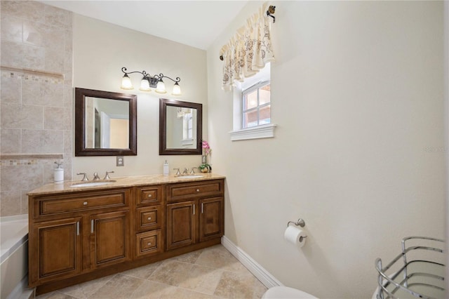 bathroom with tile walls, dual bowl vanity, tile floors, and a bathtub