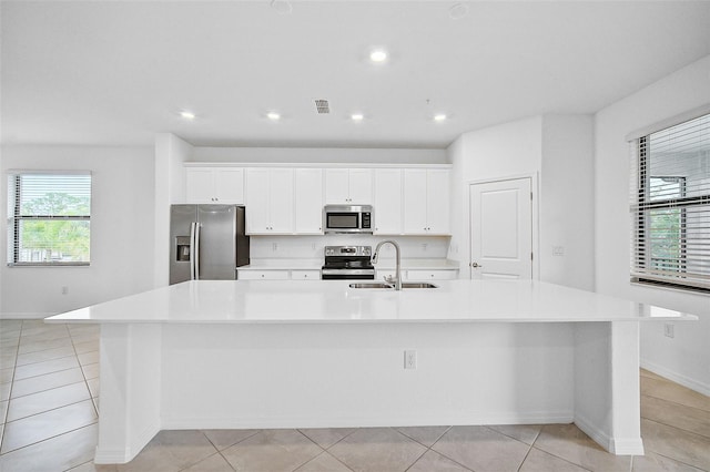 kitchen with white cabinets, a large island, sink, and appliances with stainless steel finishes