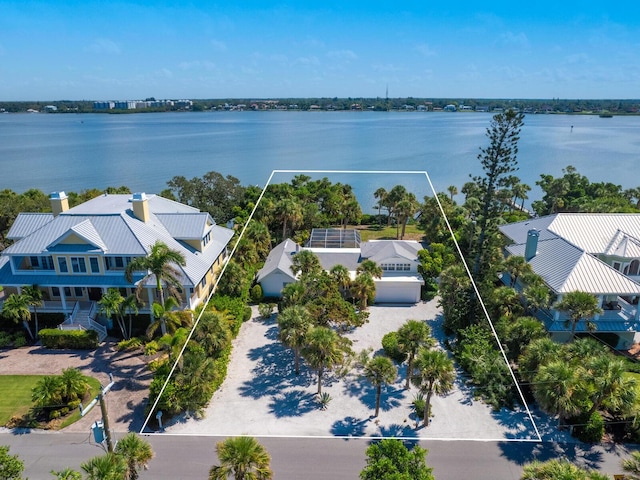 aerial view featuring a water view