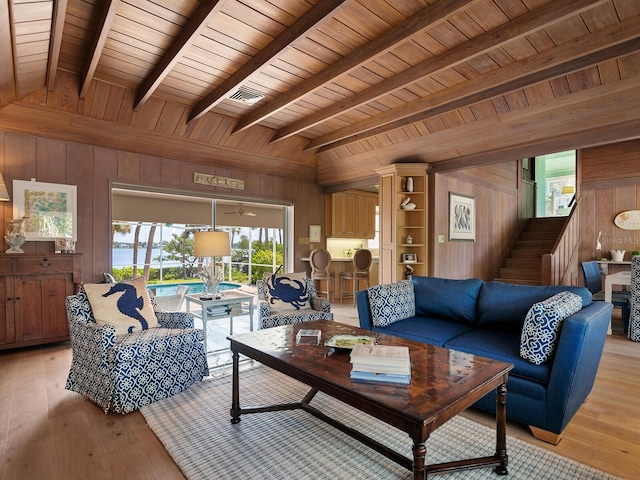 living room with wood ceiling, light wood-type flooring, wood walls, and vaulted ceiling with skylight