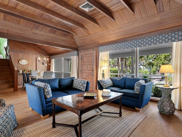 living room featuring wood ceiling, light hardwood / wood-style floors, wooden walls, and lofted ceiling with beams