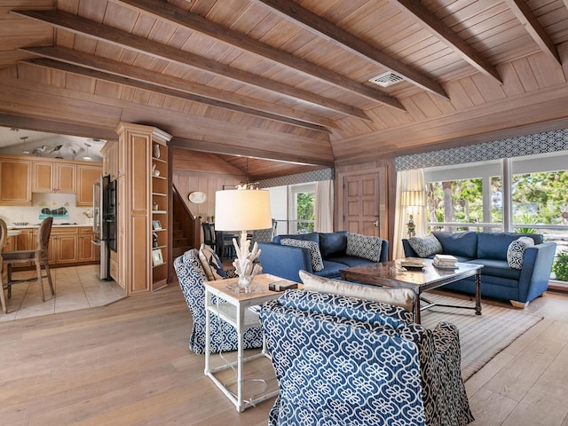 living room with wooden ceiling, light hardwood / wood-style floors, and wood walls