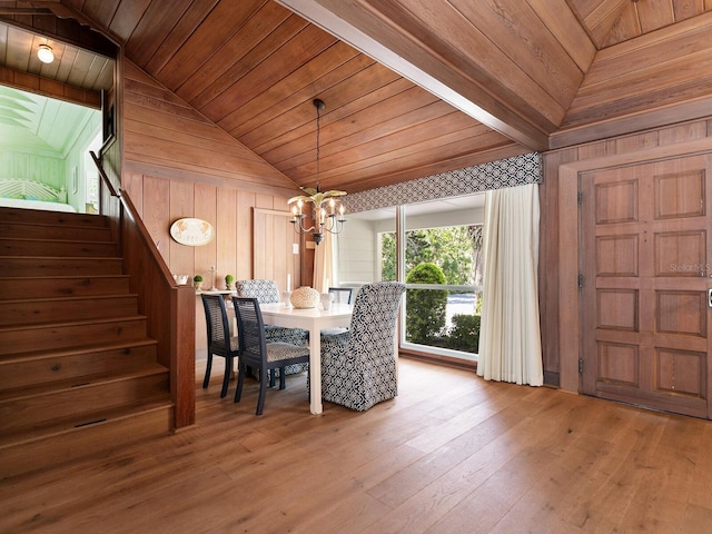 unfurnished dining area featuring vaulted ceiling, wood walls, wooden ceiling, hardwood / wood-style flooring, and a notable chandelier