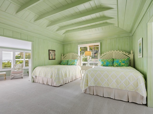 bedroom with wood ceiling and carpet flooring