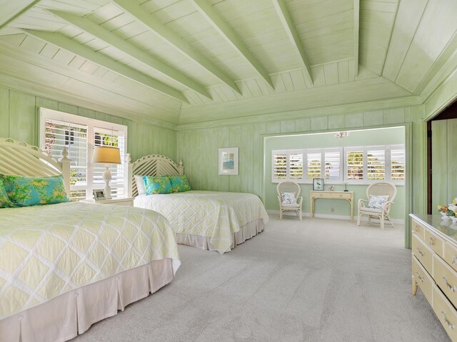 carpeted bedroom with multiple windows and wooden ceiling