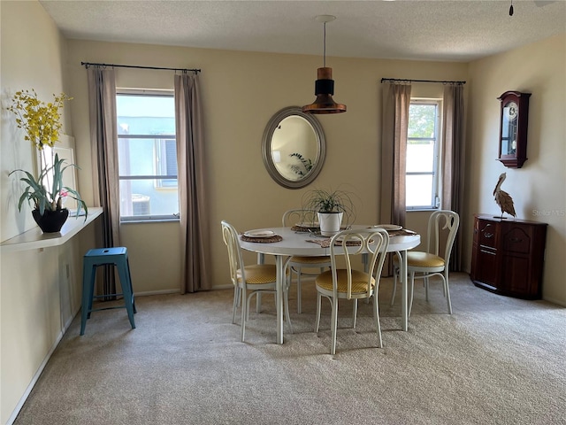 carpeted dining room with a textured ceiling