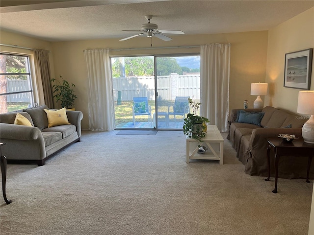 carpeted living room with plenty of natural light, ceiling fan, and a textured ceiling