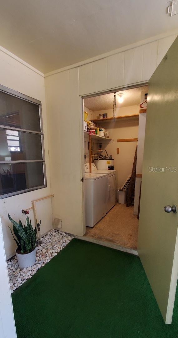 interior space featuring independent washer and dryer and carpet floors