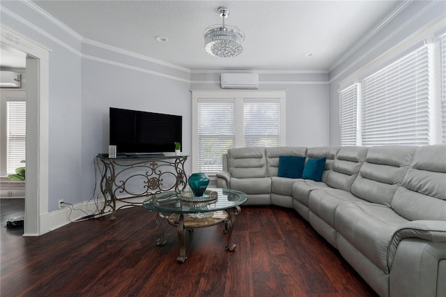 living room featuring dark hardwood / wood-style flooring, a wall mounted air conditioner, and crown molding