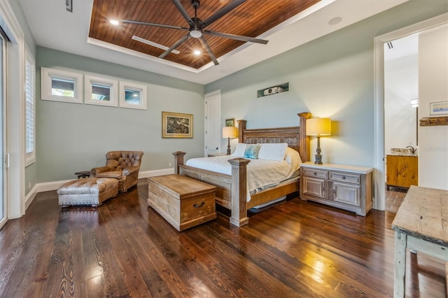 bedroom featuring a raised ceiling, dark hardwood / wood-style flooring, wooden ceiling, and ceiling fan