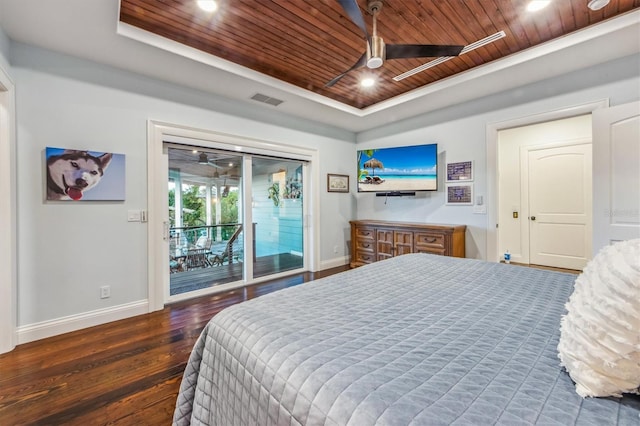 bedroom featuring access to exterior, ceiling fan, dark hardwood / wood-style flooring, wood ceiling, and a tray ceiling