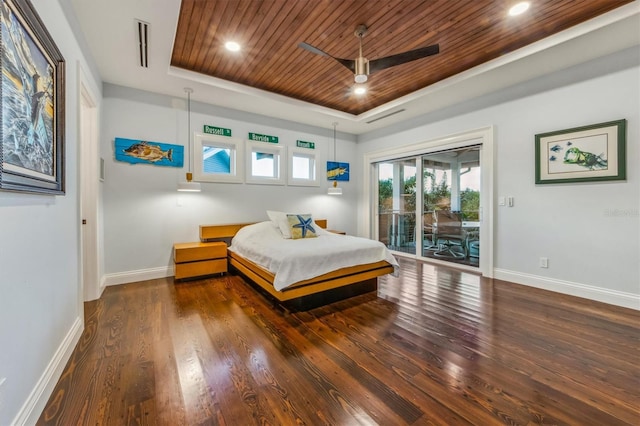 bedroom with ceiling fan, a raised ceiling, dark hardwood / wood-style flooring, wood ceiling, and access to outside