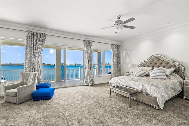 bedroom with ceiling fan, access to exterior, carpet flooring, a water view, and ornamental molding