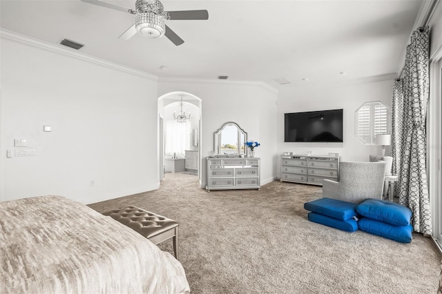 carpeted bedroom with crown molding and ceiling fan with notable chandelier