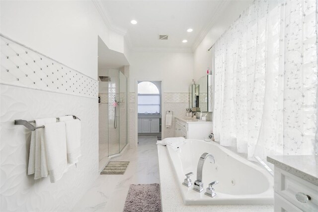 bathroom featuring separate shower and tub, tile floors, vanity, and crown molding