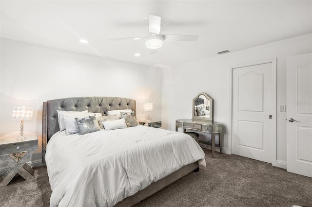 carpeted bedroom with ceiling fan