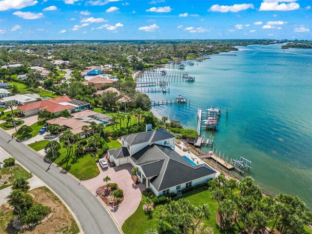 drone / aerial view featuring a water view