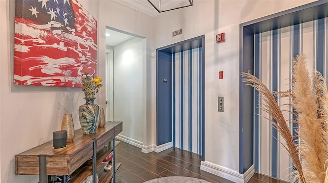 401 N Point Rd Unit 901, Osprey, FL 34229 - entrance foyer featuring baseboards, elevator, dark wood-style floors, and crown molding