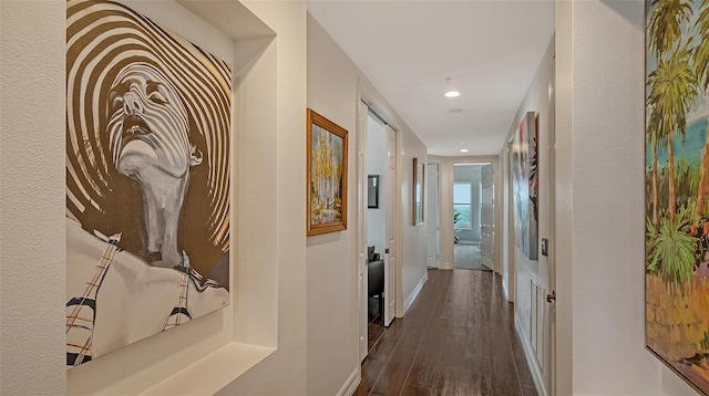 hall featuring dark wood-type flooring