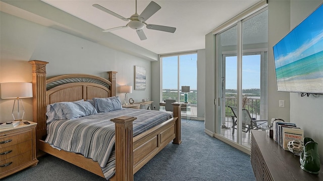 carpeted bedroom featuring access to exterior and ceiling fan