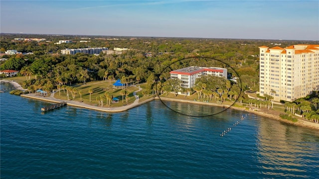 aerial view featuring a water view