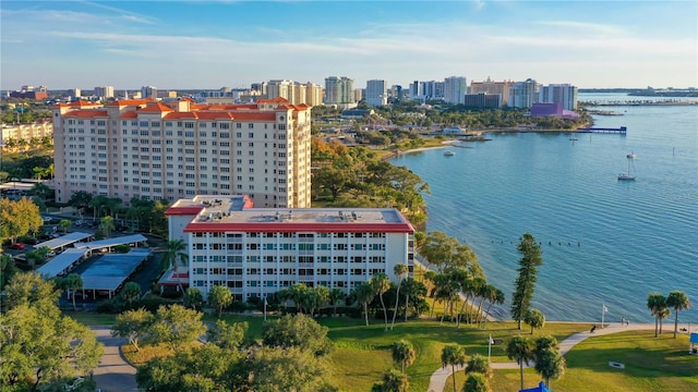 drone / aerial view featuring a water view