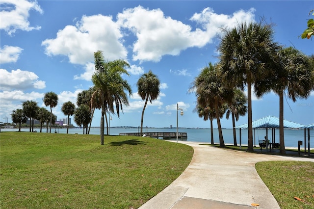 view of nearby features featuring a yard, a gazebo, and a water view