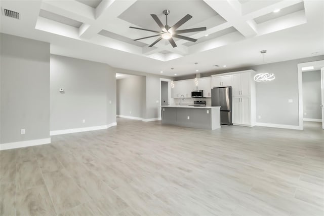 unfurnished living room featuring coffered ceiling, ceiling fan with notable chandelier, sink, and beamed ceiling