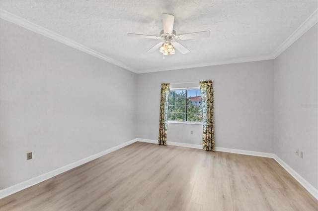 unfurnished room featuring crown molding, ceiling fan, a textured ceiling, and light wood-type flooring