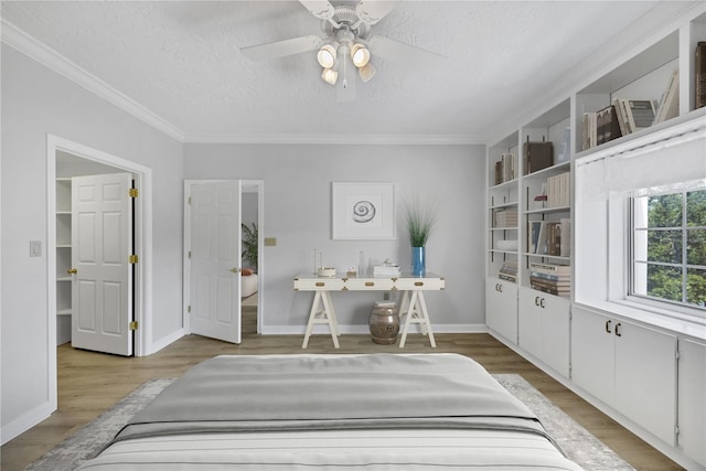 interior space featuring ornamental molding, light hardwood / wood-style floors, ceiling fan, and a textured ceiling