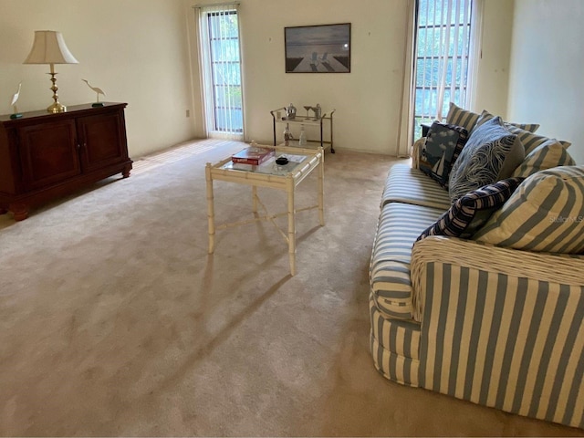 living room featuring light colored carpet