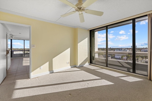 carpeted empty room with floor to ceiling windows, ceiling fan, and crown molding