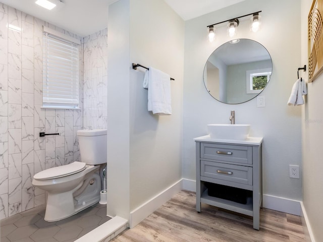 bathroom with vanity, toilet, and wood-type flooring