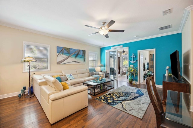 living room with ceiling fan, dark hardwood / wood-style floors, and ornamental molding