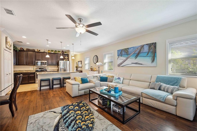 living room featuring a textured ceiling, ceiling fan, ornamental molding, and hardwood / wood-style flooring